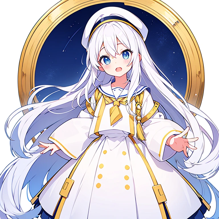 Mouth open、Pure white background、tachi-e、Standing still、Hands at sides、White hat with gold decoration、Long white hair、Sailor&#39;White uniform