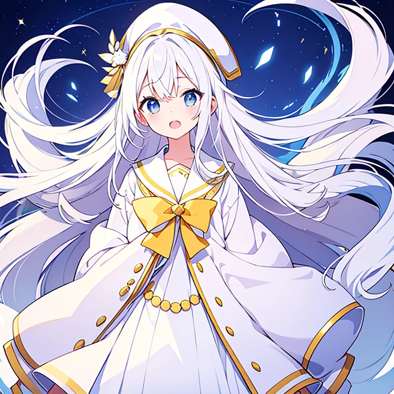 Mouth open、Pure white background、tachi-e、Standing still、Hands at sides、White hat with gold decoration、Long white hair、Sailor&#39;White uniform