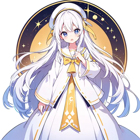 mouth open、pure white background、tachi-e、standing still、hands at sides、white hat with gold decoration、long white hair、sailor&#39...