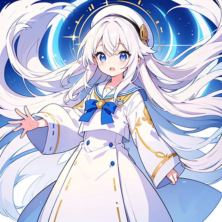 Mouth open、Pure white background、tachi-e、Standing still、Hands at sides、White hat with gold decoration、Long white hair、Sailor&#39;White uniform