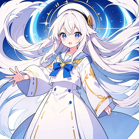 mouth open、pure white background、tachi-e、standing still、hands at sides、white hat with gold decoration、long white hair、sailor&#39...