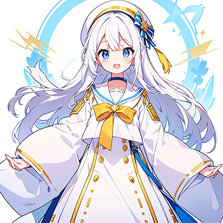 Mouth open、Pure white background、tachi-e、Standing still、Hands at sides、White hat with gold decoration、Long white hair、Sailor&#39;White uniform