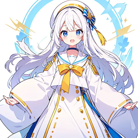 mouth open、pure white background、tachi-e、standing still、hands at sides、white hat with gold decoration、long white hair、sailor&#39...