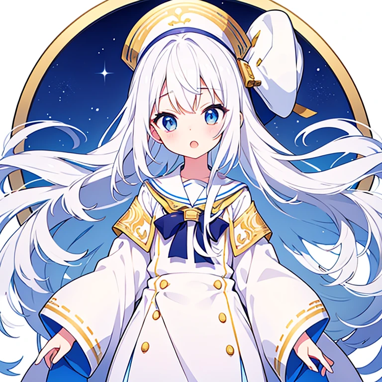 Mouth open、Pure white background、tachi-e、Standing still、Hands at sides、White hat with gold decoration、Long white hair、Sailor&#39;White uniform