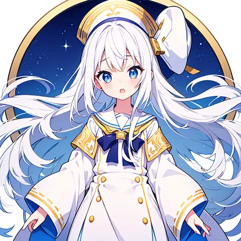 mouth open、pure white background、tachi-e、standing still、hands at sides、white hat with gold decoration、long white hair、sailor&#39...