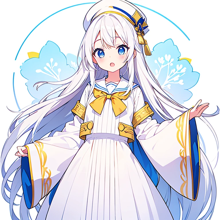 Mouth open、Pure white background、tachi-e、Standing still、Hands at sides、White hat with gold decoration、Long white hair、Sailor&#39;White uniform