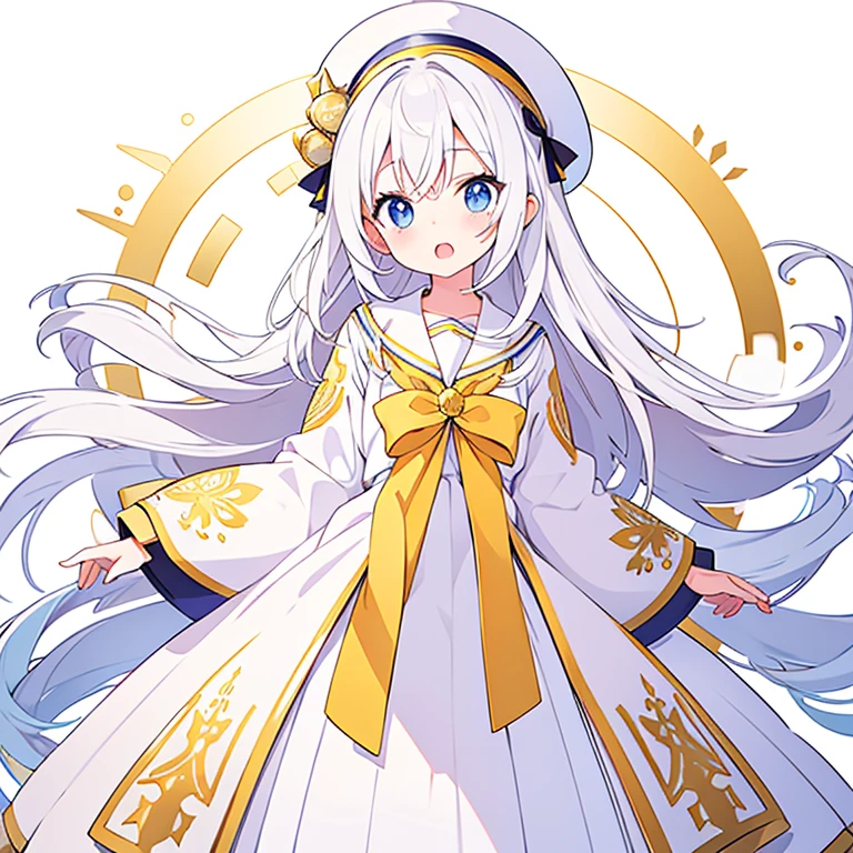 Mouth open、Pure white background、tachi-e、Standing still、Hands at sides、White hat with gold decoration、Long white hair、Sailor&#39;White uniform