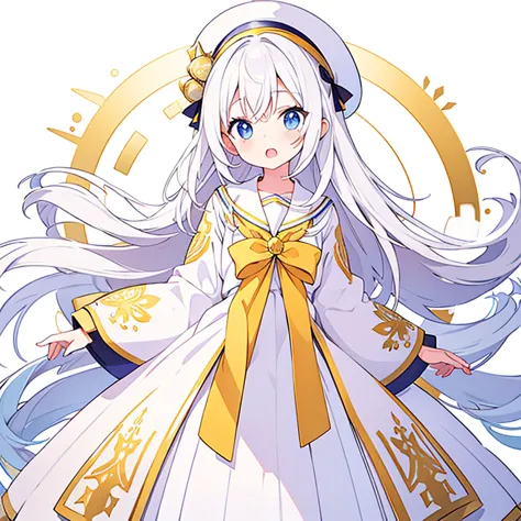 mouth open、pure white background、tachi-e、standing still、hands at sides、white hat with gold decoration、long white hair、sailor&#39...