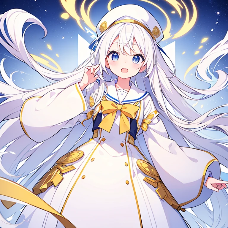 Mouth open、Pure white background、tachi-e、Standing still、Hands at sides、White hat with gold decoration、Long white hair、Sailor&#39;White uniform