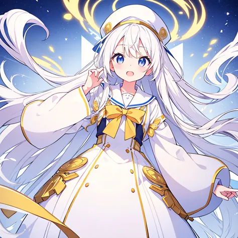 mouth open、pure white background、tachi-e、standing still、hands at sides、white hat with gold decoration、long white hair、sailor&#39...