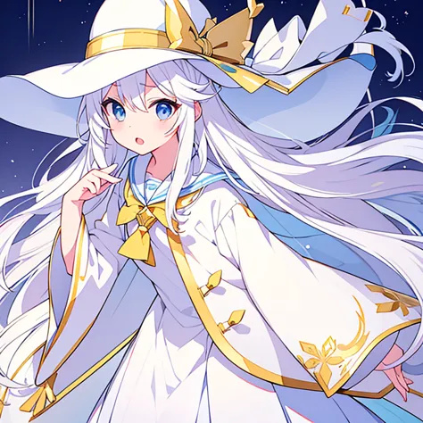 mouth open、pure white background、tachi-e、standing still、hands at sides、white hat with gold decoration、long white hair、sailor&#39...