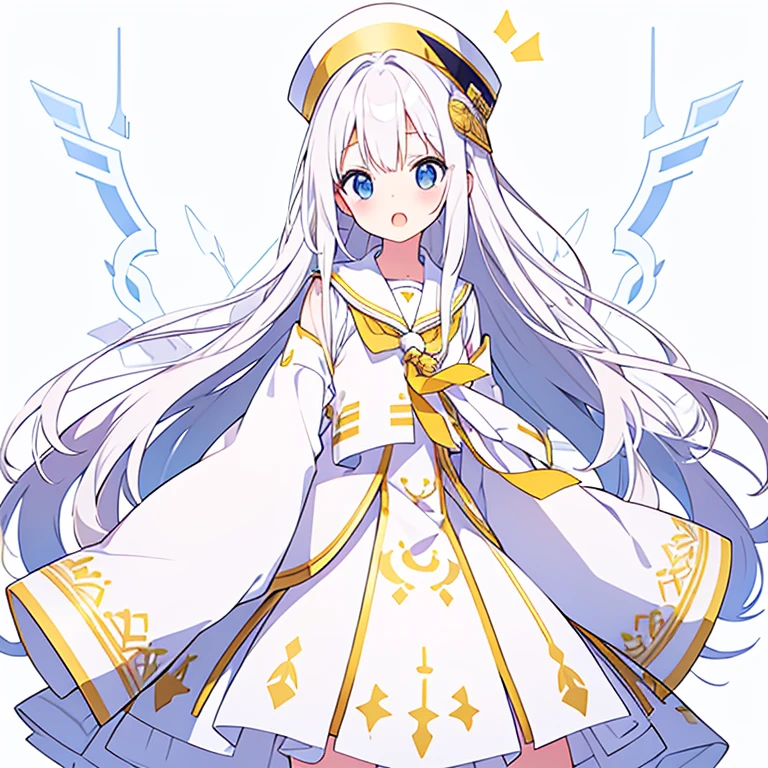 Mouth open、Pure white background、tachi-e、Standing still、Hands at sides、White hat with gold decoration、Long white hair、Sailor&#39;White uniform