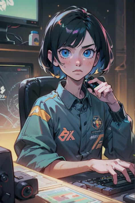 a highly detailed anime boy with short black hair, blue eyes, sitting in front of a computer playing games, electronic sports ga...