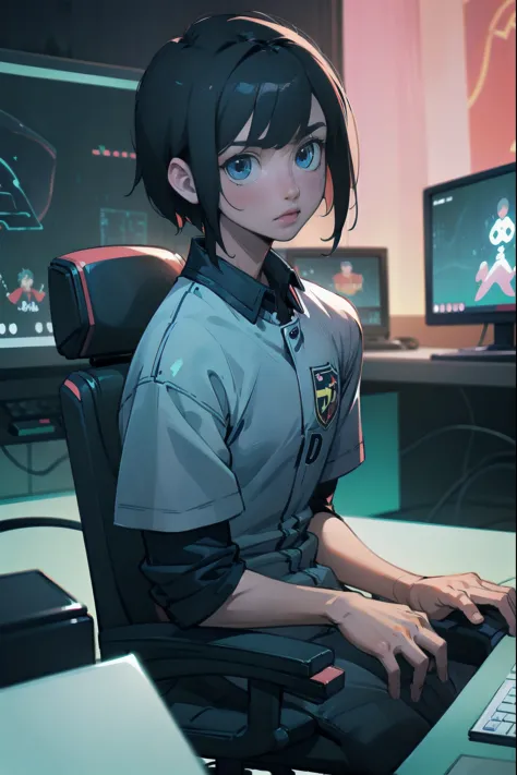 a highly detailed anime boy with short black hair, blue eyes, sitting in front of a computer playing games, electronic sports ga...