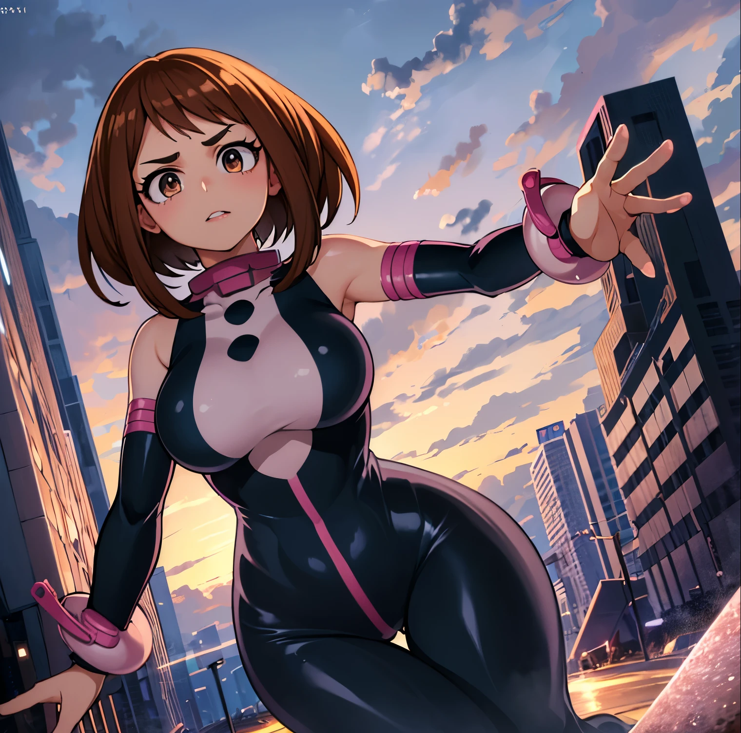 ((1girl)),((alone)),ochako Uraraka, \(Boku no hero academia\),(masterpiece), (best quality), (ultra detailed), (best illustration), (best shadow), ( absurdities), sharp focus, cowboy shot, atmospheric perspective, depth of field, dynamic posture, ((looking at viewer)), large breasts, narrow waist, wide hips, medium thighs, round butt, erotic, romantic, (very detailed, lips 1.1), highly detailed eyes, eyes, Highly detailed face, Very beautiful face, Symmetrical face, Aesthetic face, perfect face, perfect eyes, detailed eyelashes: 1.5), full height, beautiful slim figure, femininity, expressive appearance, stretchy big breasts, sexuality, parted lips, brown eyes, shiny lips, brown hair, medium hair, shiny skin,((superhero costume)),(((pink and black jumpsuit, tight jumpsuit))), pink protector, boots roses, pink wristbands, cowboy photo, curves, defined body, perfect and beautiful body, perfect and beautiful, calm look, closed mouth, ((stoic expression)), (sexy pose: 1.2), standing :1.3, ((only )),((, outside, cityscape, streets, city, buildings, cloudy weather, clouds, debris, collapsed buildings, smoke)), Looking forward ,((focus on hips:1.4)), point of view :(from Middle), perfect anatomy, perfect hands