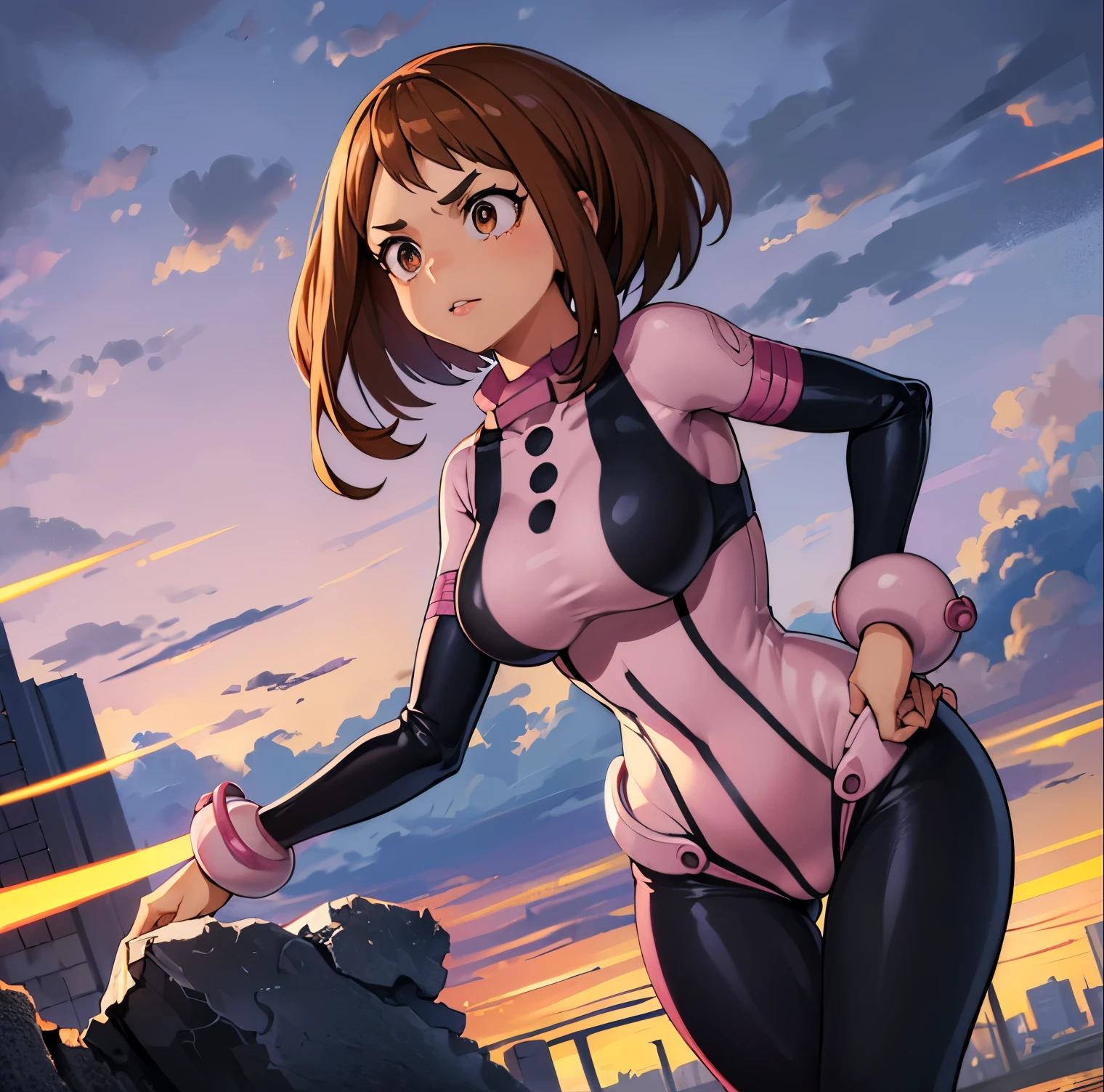 ((1girl)),((alone)),ochako Uraraka, \(Boku no hero academia\),(masterpiece), (best quality), (ultra detailed), (best illustration), (best shadow), ( absurdities), sharp focus, cowboy shot, atmospheric perspective, depth of field, dynamic posture, ((looking at viewer)), large breasts, narrow waist, wide hips, medium thighs, round butt, erotic, romantic, (very detailed, lips 1.1), highly detailed eyes, eyes, Highly detailed face, Very beautiful face, Symmetrical face, Aesthetic face, perfect face, perfect eyes, detailed eyelashes: 1.5), full height, beautiful slim figure, femininity, expressive appearance, stretchy big breasts, sexuality, parted lips, brown eyes, shiny lips, brown hair, medium hair, shiny skin,((superhero costume)),(((pink and black jumpsuit, tight jumpsuit))), pink protector, boots roses, pink wristbands, cowboy photo, curves, defined body, perfect and beautiful body, perfect and beautiful, calm look, closed mouth, ((stoic expression)), (sexy pose: 1.2), standing :1.3, ((only )),((, outside, cityscape, streets, city, buildings, cloudy weather, clouds, debris, collapsed buildings, smoke)), Looking forward ,((focus on hips:1.4)), point of view :(from Middle), perfect anatomy, perfect hands