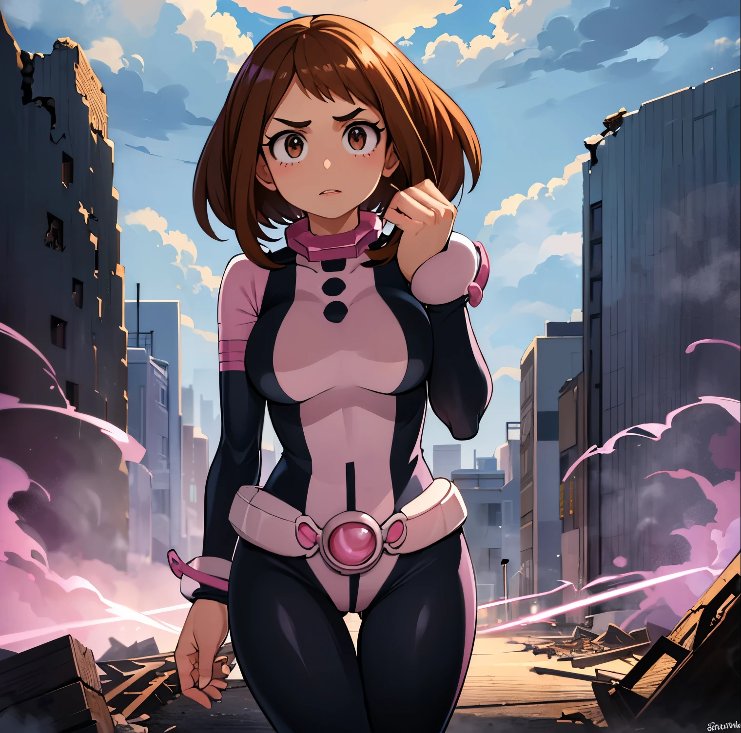 ((1girl)),((alone)),ochako Uraraka, \(Boku no hero academia\),(masterpiece), (best quality), (ultra detailed), (best illustration), (best shadow), ( absurdities), sharp focus, cowboy shot, atmospheric perspective, depth of field, dynamic posture, ((looking at viewer)), large breasts, narrow waist, wide hips, medium thighs, round butt, erotic, romantic, (very detailed, lips 1.1), highly detailed eyes, eyes, Highly detailed face, Very beautiful face, Symmetrical face, Aesthetic face, perfect face, perfect eyes, detailed eyelashes: 1.5), full height, beautiful slim figure, femininity, expressive appearance, stretchy big breasts, sexuality, parted lips, brown eyes, shiny lips, brown hair, medium hair, shiny skin,((superhero costume)),(((pink and black jumpsuit, tight jumpsuit))), pink protector, boots roses, pink wristbands, cowboy photo, curves, defined body, perfect and beautiful body, perfect and beautiful, calm look, closed mouth, ((stoic expression)), (sexy pose: 1.2), standing :1.3, ((solo )),((, outside, cityscape, streets, city, buildings, cloudy weather, clouds, debris, collapsed buildings, smoke)), Looking ahead ,((focus on breasts:1.4)), point of view :(from the middle), perfect anatomy, perfect hands