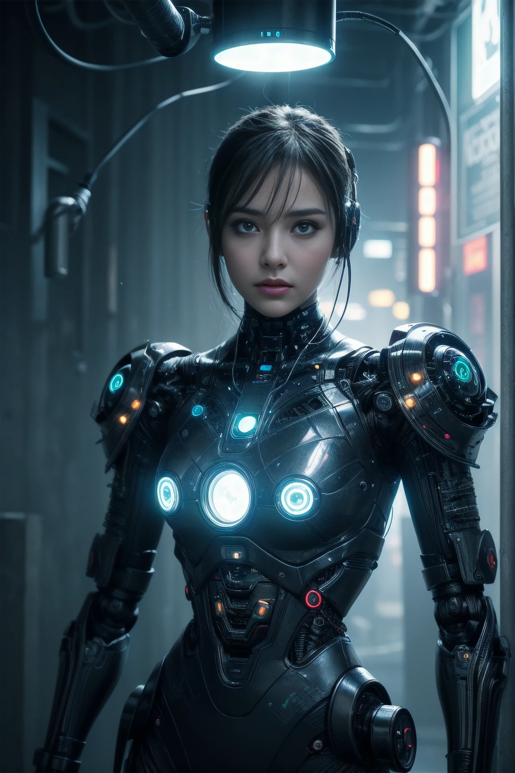 Very realistic and detailed robot woman, Beautiful intricate cyber woman with circuits and terminals all over her body., futuristic neon lights, luces led, hyper detailed, 8K, The best quality, photorealistic, masterpiece, cinematic lighting, volumetric fog, brilliant cybernetic enhancements, advanced technology, Dystopian Futurist, dramatic and melancholic lighting, neon city background, bright interfaces, hyper detailed circuits, dynamic camera angle