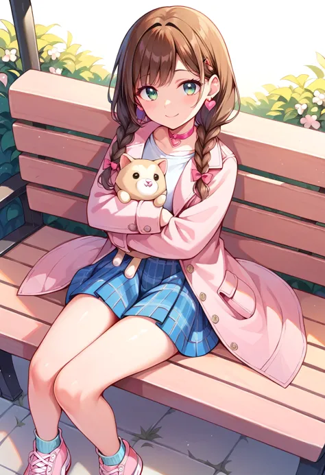 1girl, holding kitten in arms, emerald eyes, brown hair, twin braids, heart earrings, heart choker, smiling, sitting on bench, p...