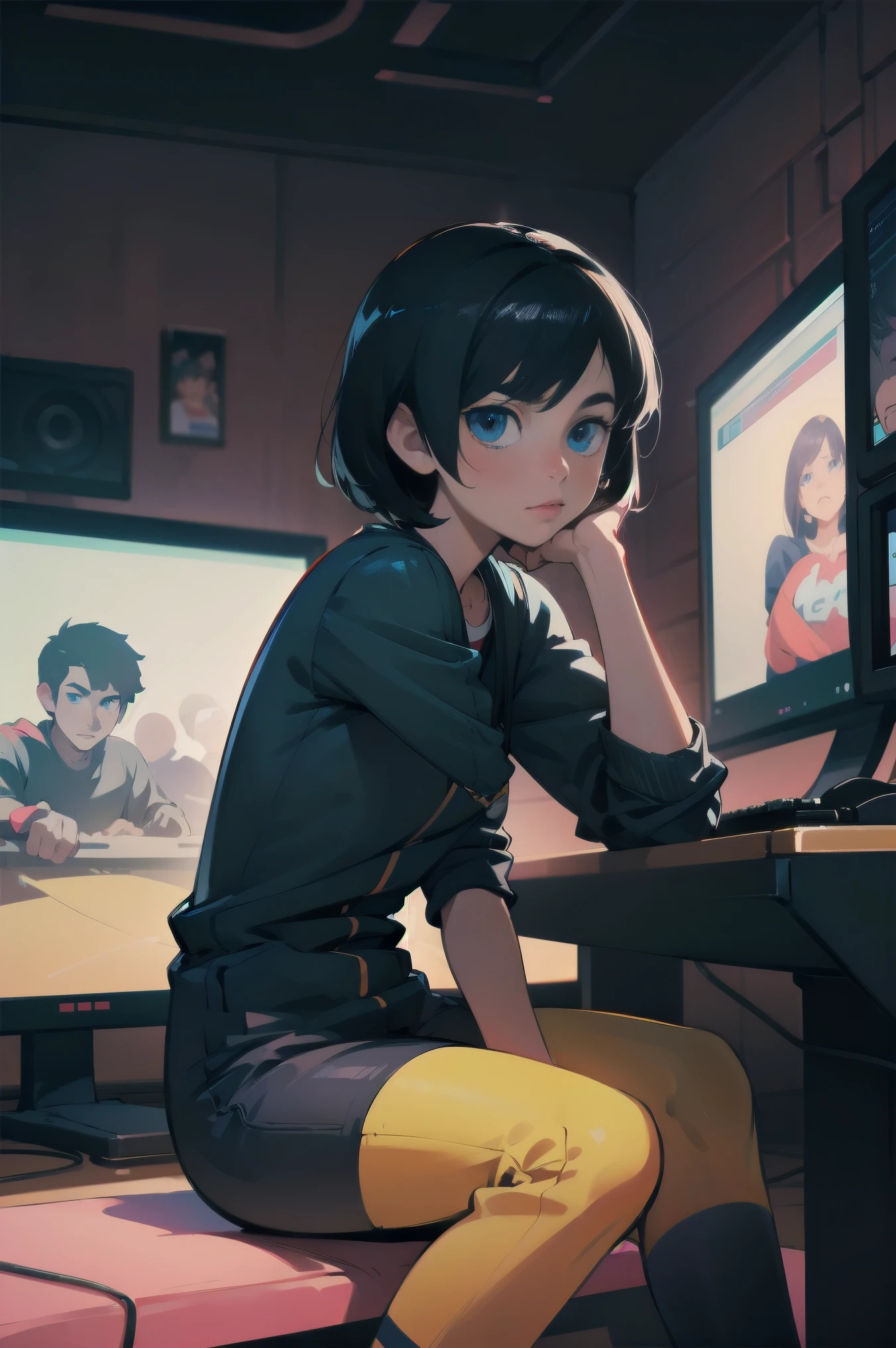 A very detailed anime boy with short black hair., Blue eyes, sitting in front of a computer playing games, E-sports gaming room background, (The best quality:1.2), (super high resolution:1.2), photorealistic, 8K, Hyperdetailed, studio lighting, bright colors, cinematic lighting, dramatic shadows, ray tracing, ambient occlusion, volumetric lighting, Hyperrealistic, ultra-detailed, sharp focus