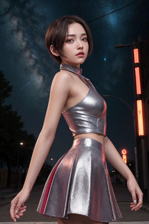 ((masterpiece)), (The best quality),, official art, Extremely detailed CG Unity 8k wallpaper, Highly detailed, shiny skin, depth of field, vivid color,, 1 girl, (curvilinear:0.4), (full body:0.6),, short hair, blows, red eyes, skirt, silver looking at the viewer, Evening, street, neon, looking back, Star (sky), crew, upper body,