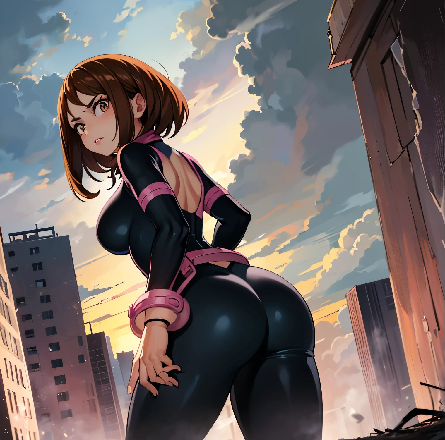 ((1girl)),((alone)),ochako Uraraka, \(Boku no hero academia\),(masterpiece), (best quality), (ultra detailed), (best illustration), (best shadow), ( absurdities), sharp focus, cowboy shot, atmospheric perspective, depth of field, dynamic posture, ((looking at viewer)), large breasts, narrow waist, wide hips, medium thighs, round butt, erotic, romantic, (very detailed, lips 1.1), highly detailed eyes, eyes, Highly detailed face, Very beautiful face, Symmetrical face, Aesthetic face, perfect face, perfect eyes, detailed eyelashes: 1.5), full height, beautiful slim figure, femininity, expressive appearance, stretchy big breasts, sexuality, parted lips, brown eyes, shiny lips, brown hair, medium hair, shiny skin,((superhero costume)),(((pink and black jumpsuit, tight jumpsuit))), pink protector, boots roses, pink wristbands, cowboy photo, curves, defined body, perfect and beautiful body, perfect and beautiful, calm look, closed mouth, ((stoic expression)), (sexy pose: 1.2), standing :1.3, ((solo )),((, outside, cityscape, streets, city, buildings, cloudy weather, clouds, debris, collapsed buildings, smoke)), Looking back ,from behind,((ass focus:1.4)), period view: (from below), perfect anatomy, perfect hands