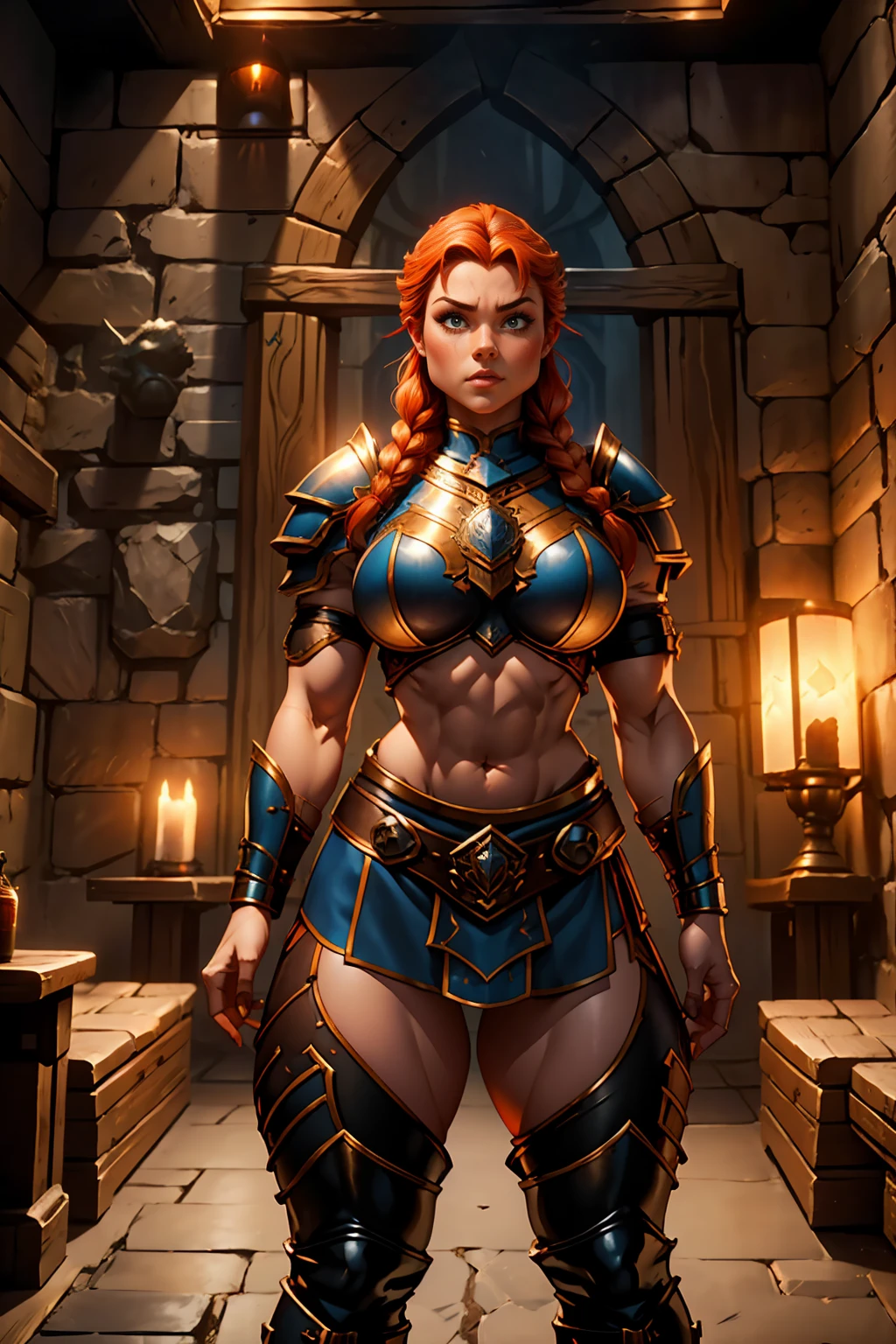 Stocky Ginger female dwarven adventurer, dramatic lighting, breastplate armor, long braided hair, fat, busty, standing in a dungeon, wide body, fat ass, pudgy, full plate armor, covered legs leather pants