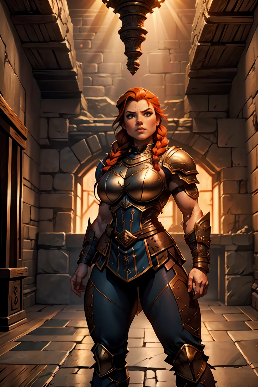 Stocky Ginger female dwarven adventurer, dramatic lighting, breastplate armor, long braided hair, fat, busty, standing in a dungeon, wide body, fat ass, pudgy, full plate armor, covered legs leather pants