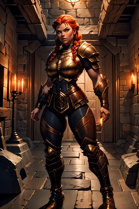 stocky ginger female dwarven adventurer, dramatic lighting, breastplate armor, long braided hair, fat, busty, standing in a dung...