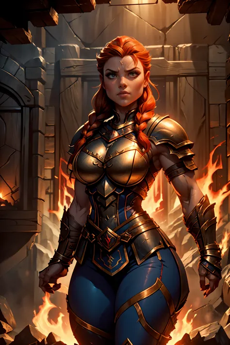 stocky ginger female dwarven adventurer, dramatic lighting, breastplate armor, long braided hair, fat, busty, standing in a dung...