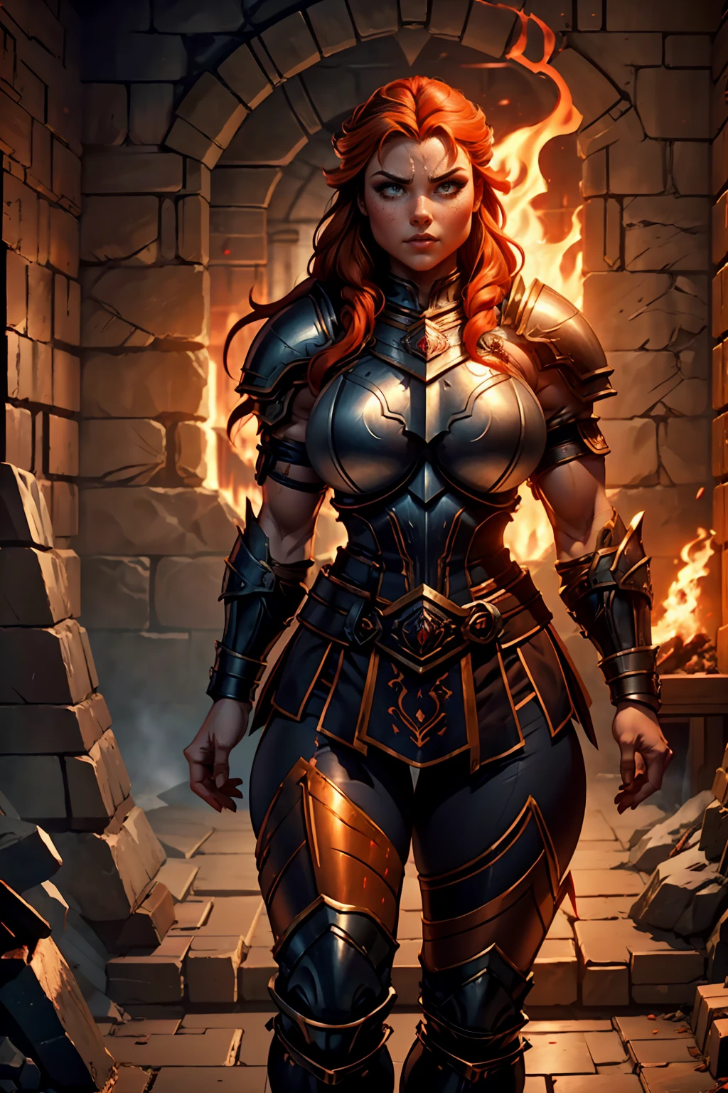 Stocky Ginger female dwarven adventurer, dramatic lighting, breastplate armor, long braided hair, fat, busty, standing in a dungeon, wide body, fat ass, pudgy, full plate armor, covered legs leather pants, close up, fire giant