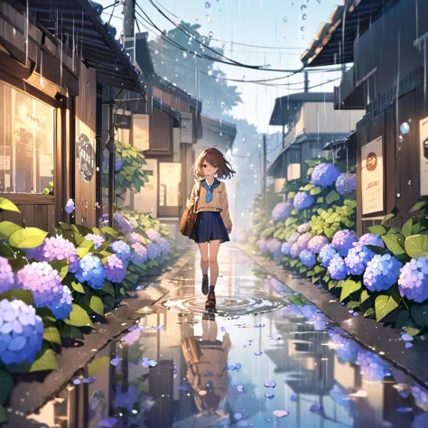 (alone), cute (one girl) walk,path,[from below:1.2],brown hair,short hair sign,brown eyes,puddle,water reflection,rain,floating ...