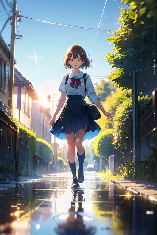 (Alone), cute (One girl) walk,path,[From below:1.2],Brown Hair,Short hair sign,Brown eyes,puddle,Water reflection,rain,Floating Droplets,Hydrangea,(Blurred foreground),Dynamic Angle,asphalt,(blue sky),Lens Flare,School uniform,(Sparkling:1.2)