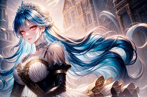 (((shoujo-style))), (romance manhwa), frostedstyle, 1girl, cyan hair, solo, long hair, frozen, ice, crystalline, dress, tiara, w...