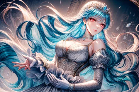 (((shoujo-style))), (romance manhwa), frostedstyle, 1girl, cyan hair, solo, long hair, frozen, ice, crystalline, dress, tiara, w...