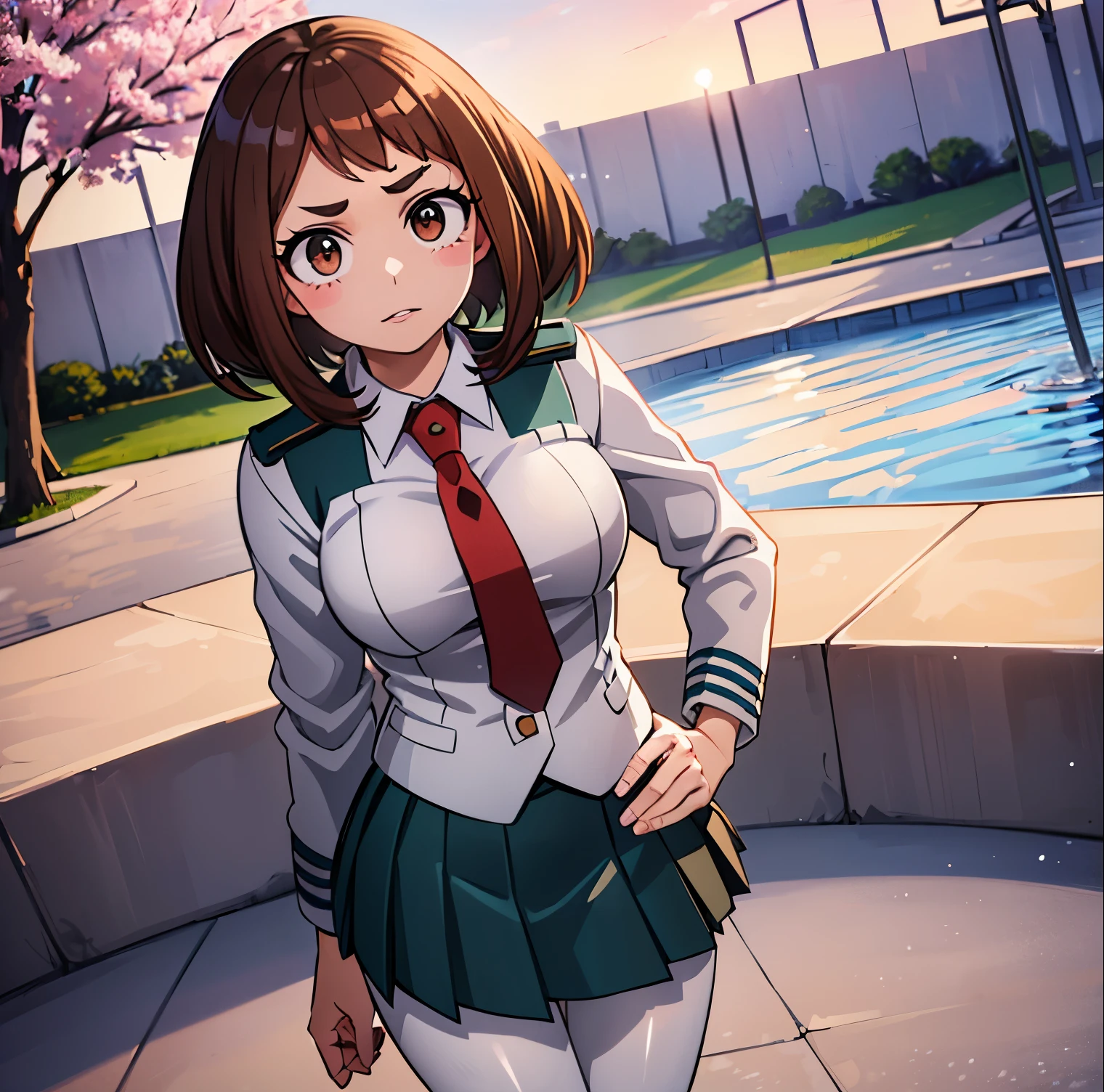 ((1girl)),((alone)),ochako Uraraka, \(Boku no hero academia\),(masterpiece), (best quality), (ultra detailed), (best illustration), (best shadow), ( absurdities), sharp focus, cowboy shot, atmospheric perspective, depth of field, dynamic posture, ((looking at viewer)), large breasts, narrow waist, wide hips, medium thighs, round butt, erotic, romantic, (very detailed, lips 1.1), highly detailed eyes, eyes, Highly detailed face, Very beautiful face, Symmetrical face, Aesthetic face, perfect face, perfect eyes, detailed eyelashes: 1.5), full height, beautiful slim figure, femininity, expressive appearance, elastic big breasts, sexuality, parted lips, brown eyes, shiny lips, brown hair, medium hair, shiny skin, blush stickers, ((school uniform)), ((green skirt)), ((pleated skirt)), ( (red tie)),((black pantyhose)), ((white shirt)), long sleeves,((gray jacket)),cowboy photo,curves, defined body,Perfect and beautiful body, perfect and beautiful, calm look ,mouth closed,((stoic expression)),(sexy pose: 1.2), standing :1.3,((solo)),((, outside, school landscape, Japanese school, courtyard, fountain, cherry trees)), Looking facing forward,((focus on hips:1.4)), point of view:(from below), perfect anatomy, perfect hands