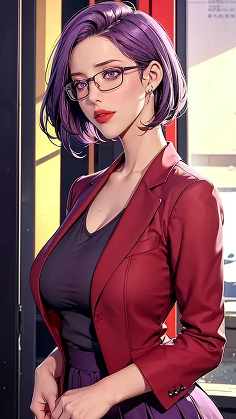 （（（perfect figure，figure，red blazer， gray shirt，hip-covering skirt（（（jmt,glasses,purple hair,short hair,purple eyes,mijungdef，pu...