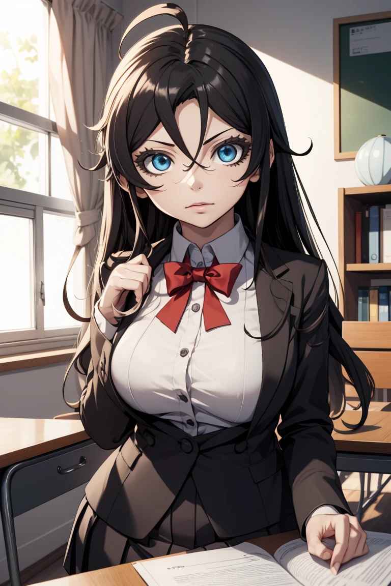 Anime girl with long black hair sitting at desk, (SFW) Safe for work, Kantai Collection Style, Akane Owari Danganronpa, Digital art from Danganronpa, Anime Mo, , From the front line to girls, Realistic schoolgirl, Rin Tohsaka, sexy anime girl, With big breasts