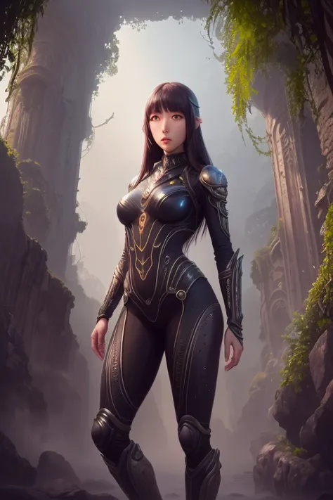 a cute yuna, age 25, wearing a sexy sci-fi explorer suit, exploring an abandoned alien city overgrown by the jungle, city of the...