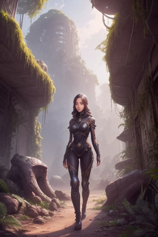 a cute yuna, age 25, wearing a sexy sci-fi explorer suit, exploring an abandoned alien city overgrown by the jungle, city of the vampire lesbians, detailed sculptures, detailed ruins, detailed environment, beautiful detailed eyes, beautiful detailed lips, extremely detailed face, long eyelashes, intricate futuristic architecture, advanced alien technology, lush jungle foliage, mysterious atmosphere, dramatic lighting, cinematic composition, vibrant colors, high quality, 8k, photorealistic, concept art style
