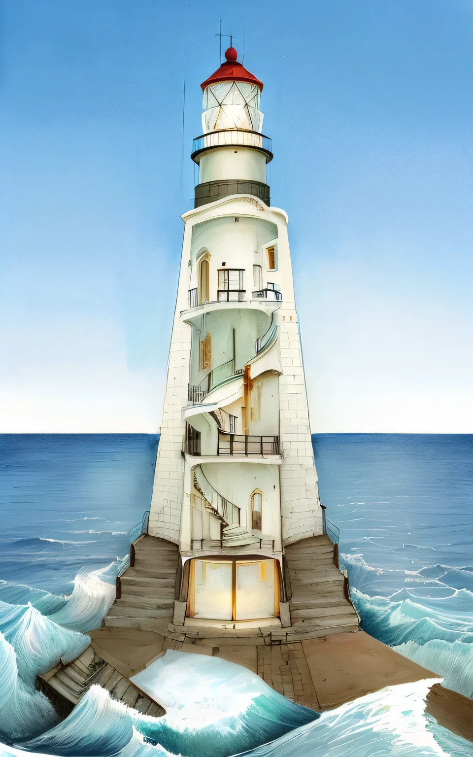 lighthouse,Three floors, sectional drawing, stairs leading up, на вверху lighthouseа стоят 2 человека