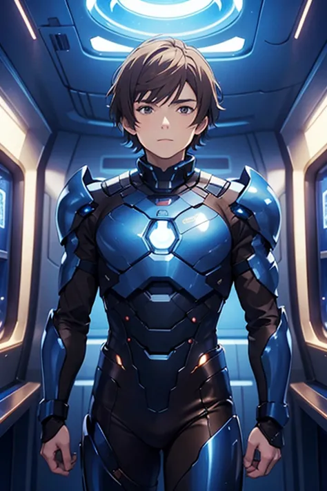 man, young, beautiful, short brown hair, brown eyes, anime, wearing futuristic blue armor emits blue lights, background room ins...