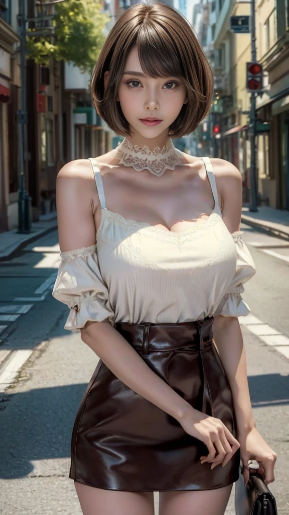 ((8k, Best Quality, ultra high resolution, RAW, Masterpiece, photorealistic:1.3)), Arafe Woman of Japan, big breasts, in her sleeveless, off-the-shoulder lace blouse,deep neckline, very short brown leather skirt very open on one side,that fits her wide and sensual hips, (you can see her white panties with lace), Sharpen your face, focus the image, Improved definition of edges in images., Improved colors in images., Beautiful woman with a great sensual smile, 30 years old with bob haircut, Walk through the city streets with confidence and charm, In the light of a sunny day, High quality 8K detailed art, Sensual lighting in 8k, awesome society cg, fix art, [ trend on CGsociety ]!!,a brown leather satchel hangs from one of his shoulders,