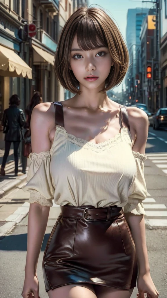 ((8k, Best Quality, ultra high resolution, RAW, Masterpiece, photorealistic:1.3)), Arafe Woman of Japan, big breasts, in her sleeveless, off-the-shoulder lace blouse,deep neckline, very short brown leather skirt very open on one side,that fits her wide and sensual hips, (you can see her white panties with lace), Sharpen your face, focus the image, Improved definition of edges in images., Improved colors in images., Beautiful woman with a great sensual smile, 30 years old with bob haircut, Walk through the city streets with confidence and charm, In the light of a sunny day, High quality 8K detailed art, Sensual lighting in 8k, awesome society cg, fix art, [ trend on CGsociety ]!!,a brown leather satchel hangs from one of his shoulders,