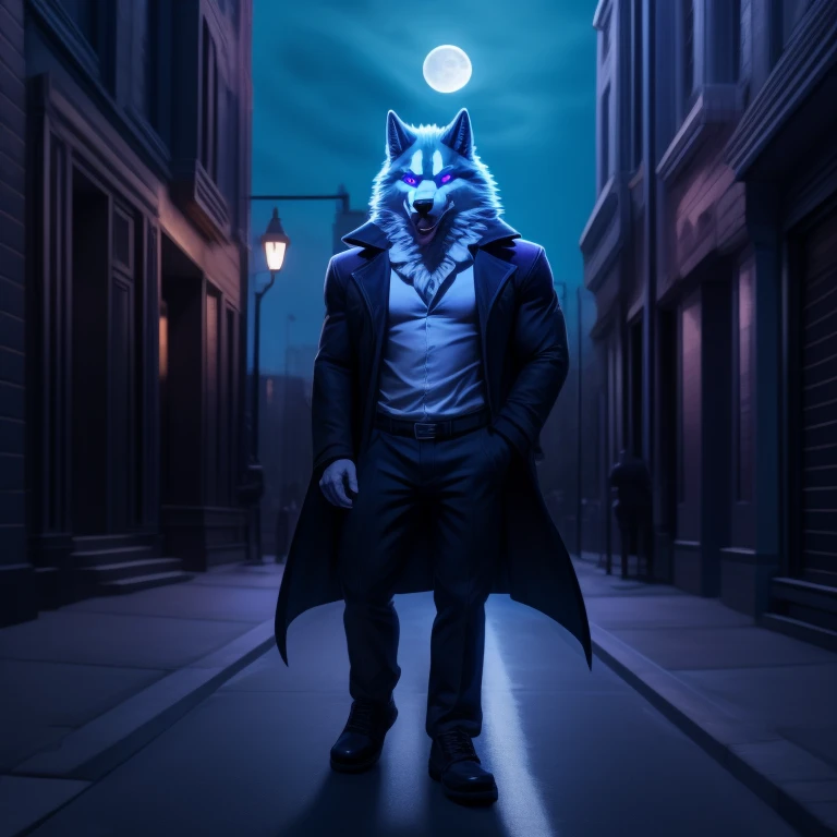 Solo, male, 4k quality, muscular wolf, Ogami Shirou, blue delicate hypnotized with fully spiral glowing purple eyes with no irises or pupils, tongue out, leanning his back against the wall, patiently waiting, wolf hands in coat pockets, black fangs, looking at you, looking at the viewer, portrait, full body, dark pants, wolf tail, dark shoes ,dark shirt, beige coat,, street, city, night, moon