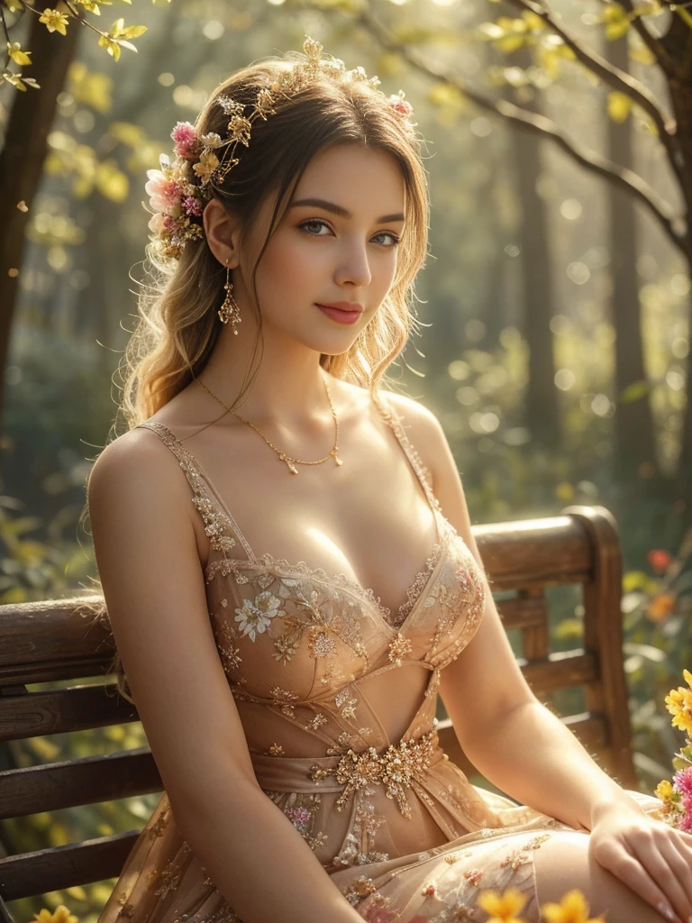 (Highest quality,4K,8k,High resolution,masterpiece:1.2),Very detailed,beautiful girl,Big Breasts,maturea beautiful girl in a garden, detailed face and eyes, long eyelashes, elegant dress, sitting on a bench surrounded by colorful flowers, sunlight filtering through the trees, photorealistic, highly detailed, cinematic lighting, vibrant colors, digital paintingม Fluttering petals, Posing with a large bouquet,colorful,Magical Forest,Sparkling light particles, Atmospheric,Great lighting,Pure beauty,dream-like,Calm,quiet,mysterious,Charm,mysterious,feminine,Charm presence,Blonde,A kind smile,Graceful posture,Peaceful aura,Shine,Beauty in nature