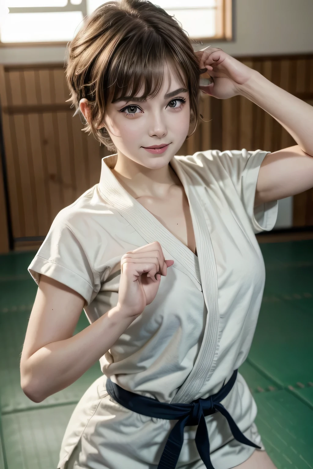 Perfect appearance. Top quality. High resolution.
High quality photos. Photos that are in correct focus.
Correct human anatomy. Correct hand shape.

She is a high school student.

Too beautiful girl. Her face is so young. 
Her haircut is a pixie haircut. 
Her hair looks like Amara Tenou. 
Her hair looks like Audrey Hepburn. 


She is wearing a judogi. 
Martial arts uniform for judo practice. 
Her judogi is conservative. 


She is in a very large judo dojo.
Large competition gymnasium.

She is smiling and looking at me.

She is ready to fight.
Fighting pose.
