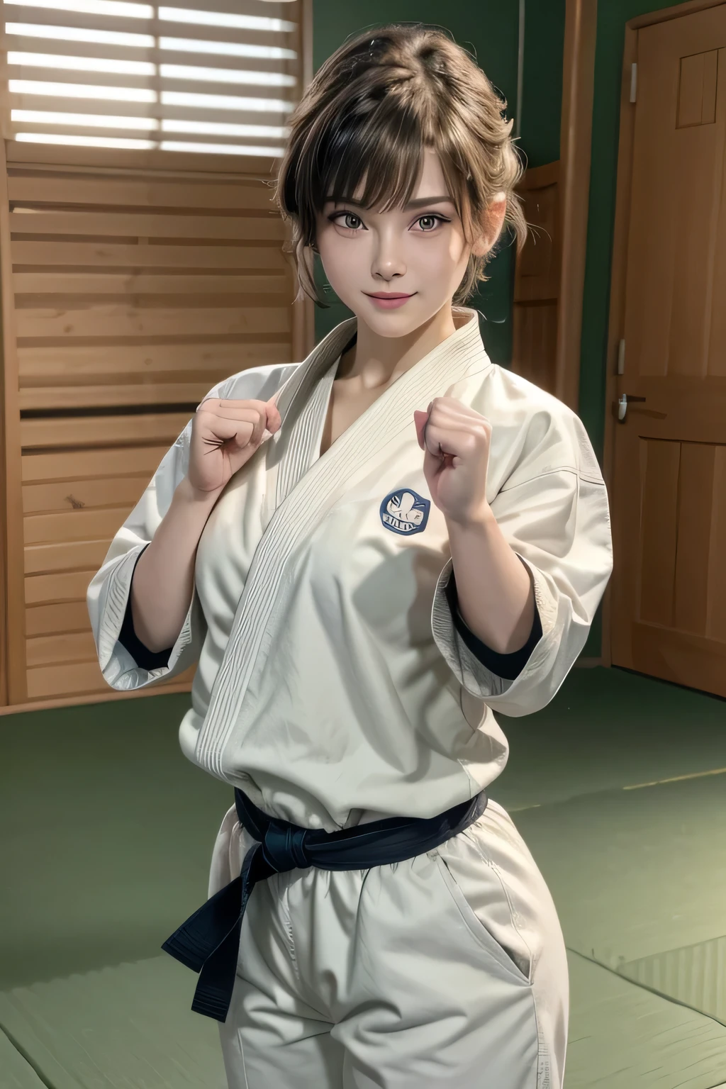 Perfect appearance. Top quality. High resolution.
High quality photos. Photos that are in correct focus.
Correct human anatomy. Correct hand shape.

She is a high school student.

Too beautiful girl. Her face is so young. 
Her haircut is a pixie haircut. 
Her hair looks like Amara Tenou. 
Her hair looks like Audrey Hepburn. 


She is wearing a judogi. 
Martial arts uniform for judo practice. 
Her judogi is conservative. 
The sleeves of the  judogi are long and large.
Judogi pants are long.
Her Judo wear is a larger size overall.


She is in a very large judo dojo.
Large competition gymnasium.

She is smiling and looking at me.

She is ready to fight.
Fighting pose.
