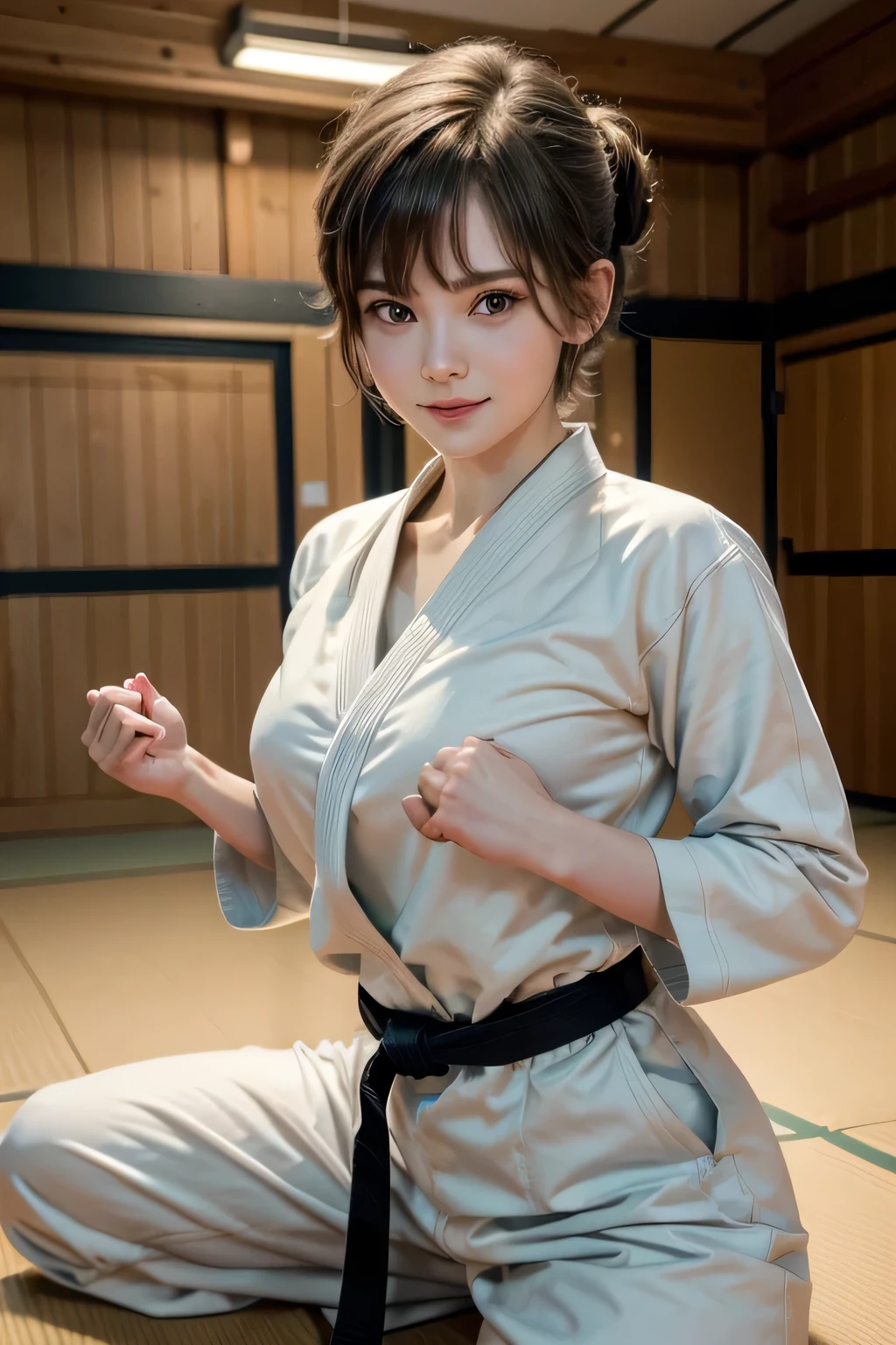 Perfect appearance. Top quality. High resolution.
High quality photos. Photos that are in correct focus.
Correct human anatomy. Correct hand shape.

She is a high school student.

Too beautiful girl. Her face is so young. 
Her haircut is a pixie haircut. 
Her hair looks like Amara Tenou. 
Her hair looks like Audrey Hepburn. 


She is wearing a judogi. 
Martial arts uniform for judo practice. 
Her judogi is conservative. 
The sleeves of the  judogi are long and large.
Judogi pants are long.
Her Judo wear is a larger size overall.


She is in a very large judo dojo.
Large competition gymnasium.

She is smiling and looking at me.

She is ready to fight.
Fighting pose.
She clenches her fists.
