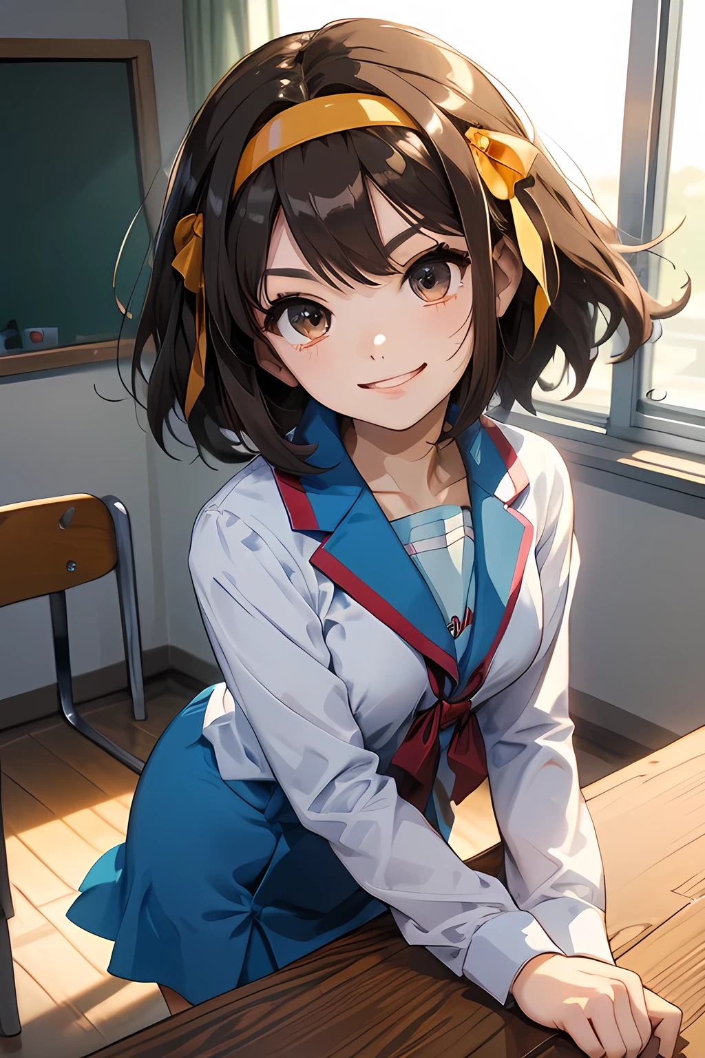 (masterpiece), best quality, detailed,Super high quality,perfect anatomy,beautiful light and shadow, ,Beautiful pale skin , brown hair, short hair, brown eyes, perfect face, perfect eyes, slim body,young teenager ,1girl, suzumiya haruhi, smiling to camera, high quality, 8k digital painting, wearing a kita high school uniform, blue skirt, armband, hairband, at school,  perfect hands, perfect fingers, SFW, leaning over table, white long socks,